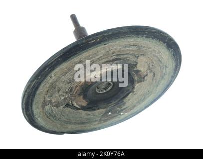 Side view of an old disc sander with adhesive residue isolated on a white background. Stock Photo