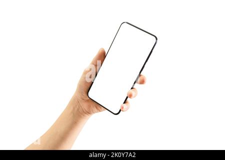 Man Hand Holding Black Smartphone With Empty Screen Isolated On White Background, Included Clipping Path. Stock Photo