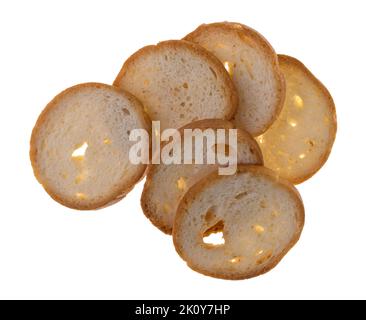 Top view of a group of round toasted crackers isolated on a white background. Stock Photo
