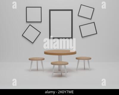 Mock up photo frame in dining room with wood chairs and table. Abstract minimal scene dining room design. 3D render, 3D illustration Stock Photo