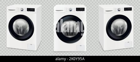 Washing machine mockup isolated on transparent background. Front and perspective view. Vector illustration. Stock Vector
