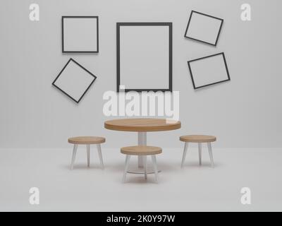 Mock up photo frame in dining room with wood chairs and table. Abstract minimal scene dining room design. 3D render, 3D illustration Stock Photo