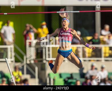 Sandi Morris of the USA competing in the women’s pole vault final at the World Athletics Championships, Hayward Field, Eugene, Oregon USA on the 17th Stock Photo