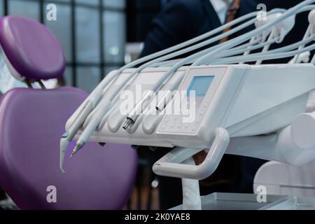 Different instruments and dentistry tools instruments in dental office Stock Photo