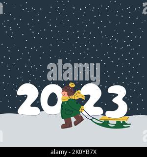 A happy child is carrying 2023 on a sled. Vector Christmas illustration. Stock Vector