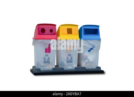 Three colorful recycle bin isolated on white background included clipping path. Bins with recycle symbol Stock Photo