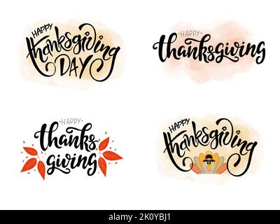 Set of Hand drawn Happy Thanksgiving typography . Celebration text with leaves for postcard, icon or badge.  Stock Vector