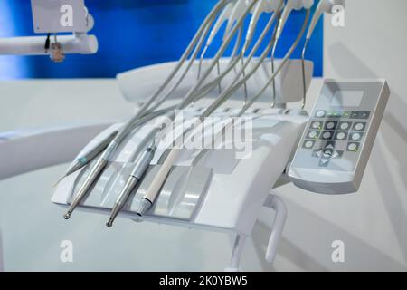 Different instruments and dentistry tools instruments in dental office Stock Photo