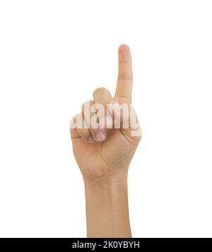Man's hand pointing at something isolated on white background. Include clipping path. Stock Photo