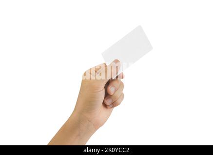 Hands holding paper blank for business card isolated on white background include clipping path. Stock Photo