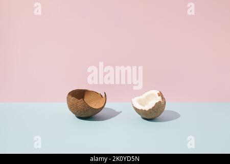 Broken coconut on pastel background. Stock Photo