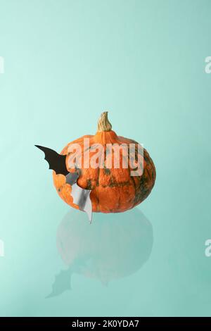 Halloween pumpkin with black bat reflecting on sky blue background. Stock Photo