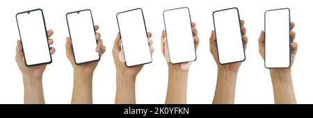 Set of man hands holding smartphone with blank screen, isolated on white background included clipping path. Stock Photo