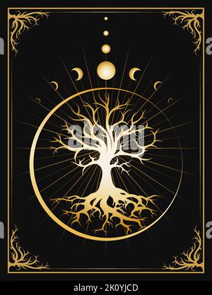 Tree of Life and Phases of Moon Medieval Esoteric Emblem on Black Background. Vector illustration. Stock Vector