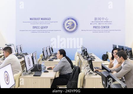 Samarkand, Uzbekistan. 14th Sep, 2022. Media professionals work at the press center for the upcoming 22nd meeting of the Council of Heads of State of the Shanghai Cooperation Organization (SCO) in Samarkand, Uzbekistan, Sept. 14, 2022. Credit: Bai Xueqi/Xinhua/Alamy Live News Stock Photo