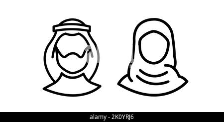 Muslim man and woman.Traditional arab couple. flat style. black icon on isolated on white background Stock Vector