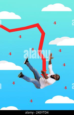 Vertical collage picture of impressed guy falling down under painted arrow down finance crisis isolated on drawing clouds background Stock Photo