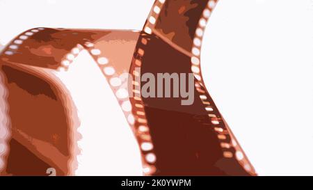 Illustration of wobbly analog film negative photo. Brown cinema filmstrip roll on white background. Old-fashioned way to take photos returning to modern photography. High quality photo Stock Photo