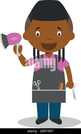 Cute cartoon vector illustration of a black or african american hairdresser. Stock Vector