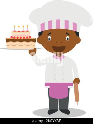 Cute cartoon vector illustration of a black or african american male pastry chef. Stock Vector