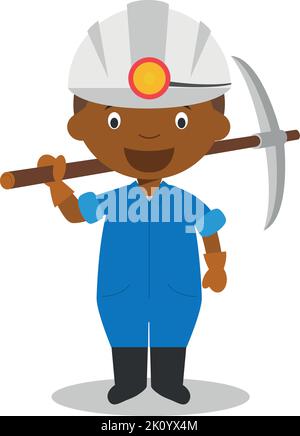 Cute cartoon vector illustration of a black or african american male miner. Stock Vector