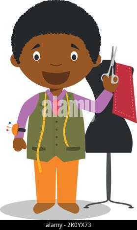 Cute cartoon vector illustration of a black or african american male tailor. Stock Vector
