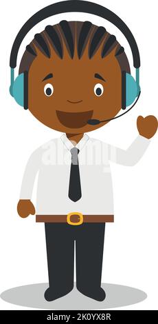 Cute cartoon vector illustration of a black or african american male telemarketing phone operator. Stock Vector