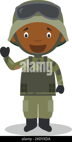 Cute cartoon vector illustration of a black or african american male soldier. Stock Vector