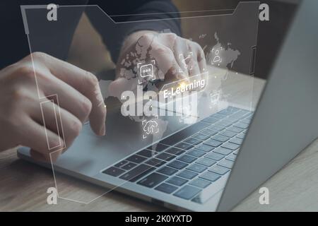 Online e-learning. Remote and secure way of education. The person is working on a laptop. Stock Photo