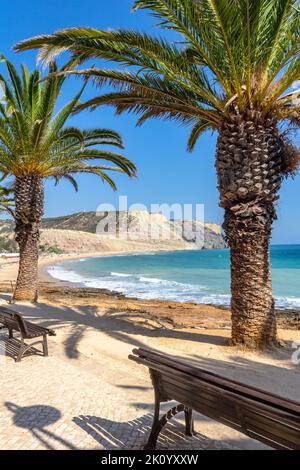 Benchs on a coastal promenade at Luz beach, Lagos, Portugal. Palm trees and clear blue sky. Stock Photo