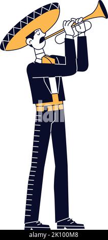 Isolated cute male character playing trumpet mariachi Vector Stock Vector