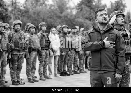 During a visit to de-occupied Izyum in the Kharkiv Region of Ukraine, President Volodymyr Zelensky met with his troops and emphasized that the residents of all temporarily occupied territories of Ukraine, including Crimea, should know that Ukraine will definitely return there, and with it, a full-fledged life will return. Photo: Ukraine Presidential Press Office. Stock Photo