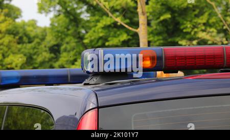 blue flashing of the siren of the police car during a check in the public park of the city Stock Photo