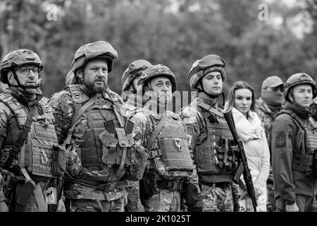 During a visit to de-occupied Izyum in the Kharkiv Region of Ukraine, President Volodymyr Zelensky met with his troops and emphasized that the residents of all temporarily occupied territories of Ukraine, including Crimea, should know that Ukraine will definitely return there, and with it, a full-fledged life will return. Photo: Ukraine Presidential Press Office. Stock Photo