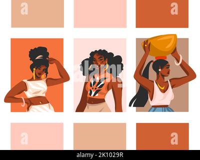 Hand drawn vector abstract stock graphic illustration with young happy black afro american beauty women group lifestyle avatar collection set isolated Stock Vector