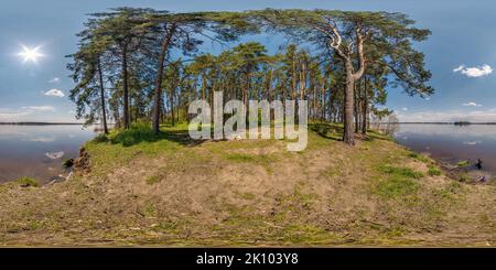 360 degree panoramic view of full seamless hdri 360 panorama view on bank of wide river neman near forest in equirectangular spherical projection as background for vr content,