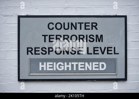 Counter terrorism sign showing current response level as heightened. These signs are on display near Military or Government buildings in England. Stock Photo