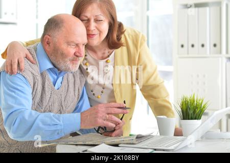 Portrait of senior couple using laptop in the office Stock Photo