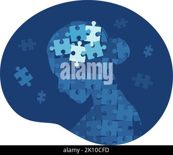 Mental illness and disorder concept. Head head profile with puzzle pieces falling apart. Vector illustration. Flat Stock Vector
