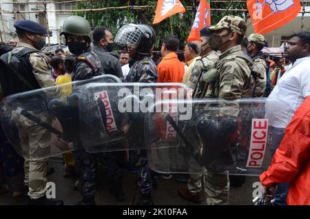 (9/13/2022) CISF (Central Industrial Security Force) police ready before the rally starts from College Square on the day of Nabanna Abhijan. The BJP (Bharatiya Janata Party) has organized the mega ‘Nabanna Cholo’ rally to protest against the alleged corrupt practices of the Mamata Banerjee-led government in Bengal. As per the BJP's plan, rallies from three points have been tried to reach the state secretariat. The one from Howrah Maidan which was led by Sukanta Majumdar. Another from Satraganchi, led by Suvendu Adhikari and Dilip Ghosh led workers for the third rally from College Street. (Phot Stock Photo