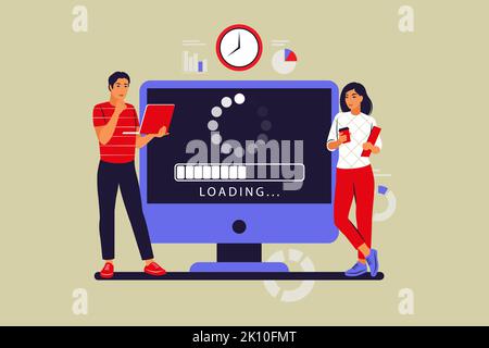 Update concept. Programmer upgrading operation system of computer. Vector illustration. Flat Stock Vector
