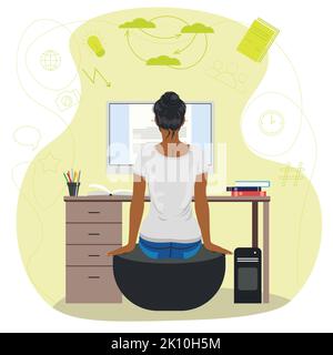 Back view of sitting woman in casual jeans and gray t shirt reading on computer screen illustration. Stock Vector