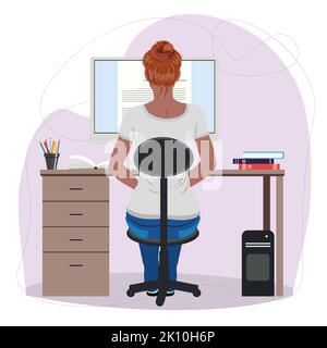 Back view of sitting woman in casual jeans and gray t shirt reading on computer screen illustration. Stock Vector