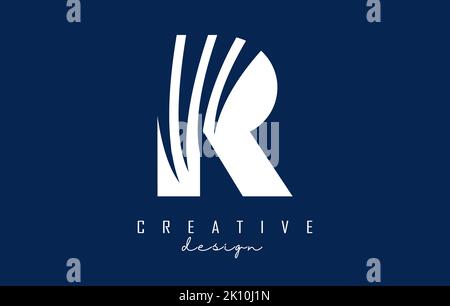 White letter R logo with leading lines and negative space design. Letter with geometric and creative cuts design. Vector Illustration with letter. Stock Vector