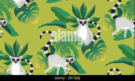 Cartoon gray lemur catta with tropical leaves pattern illustration. Stock Vector