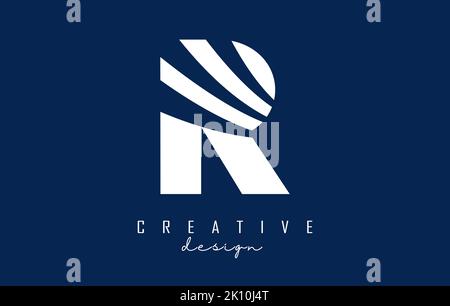 White letter R logo with leading lines and negative space design. Letter with geometric and creative cuts design. Vector Illustration with letter. Stock Vector