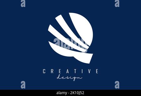 White letter Q logo with leading lines and negative space design. Letter with geometric and creative cuts design. Vector Illustration with letter. Stock Vector