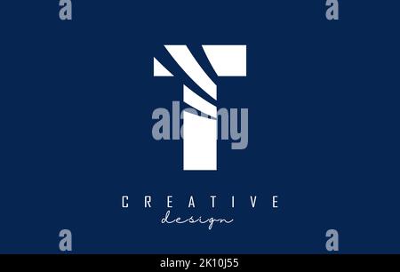 White letter T logo with leading lines and negative space design. Letter with geometric and creative cuts design. Vector Illustration with letter. Stock Vector