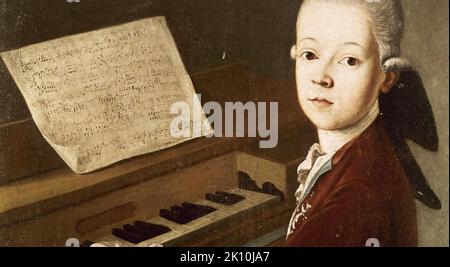 WOLFGANG AMADEUS MOZART (1756-1791 )Detail of a 1768 painting playing the spinet Stock Photo