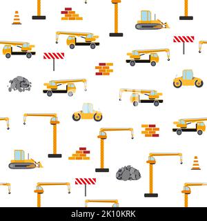 Cute childish seamless pattern with yellow car dump truck, crane, concrete mixer. Construction site illustration in cartoon style. Stock Vector